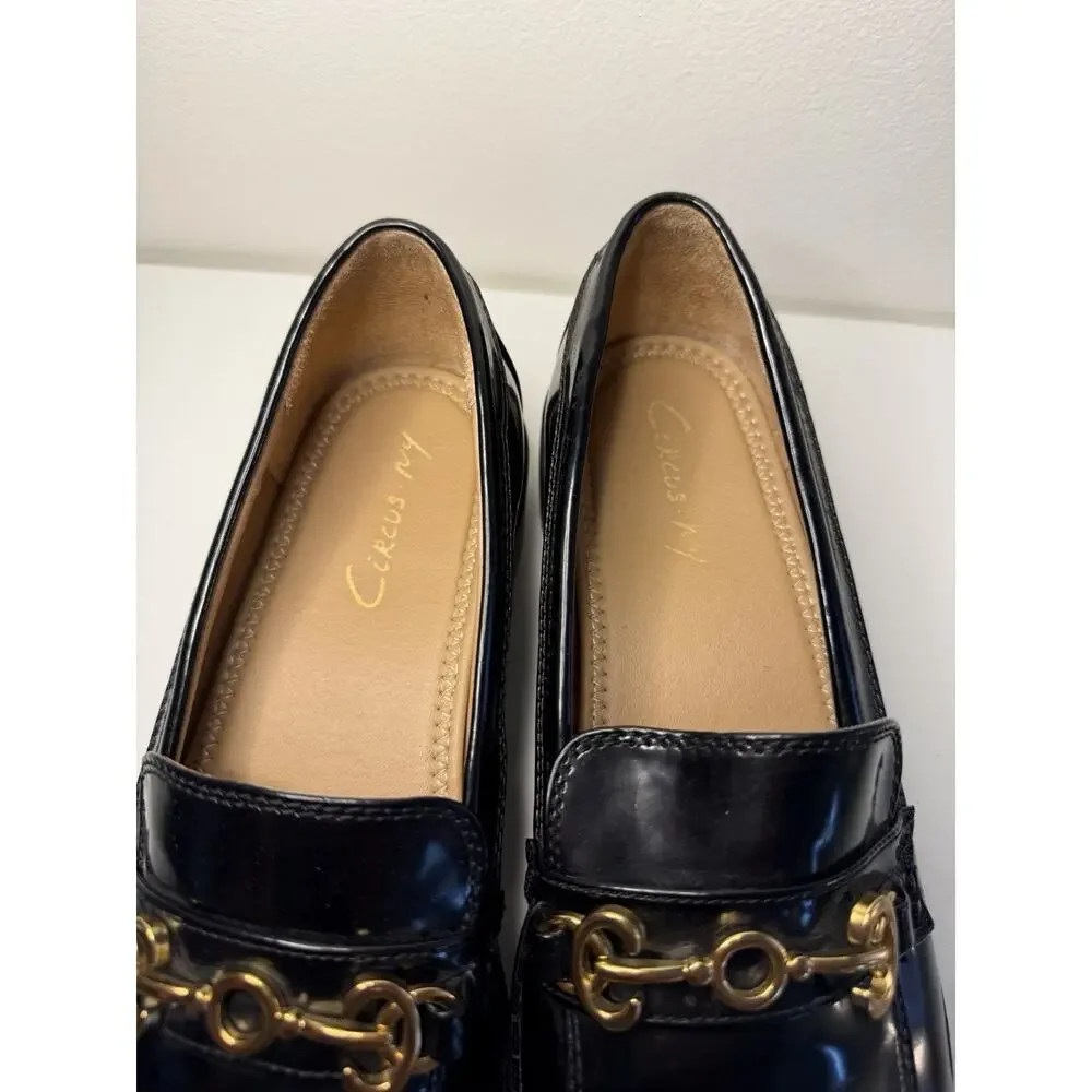 Sam Edelman Circus NY Black Deana Lug Sole Chunky Loafers Gold Chain Sz 9.5 EUC!